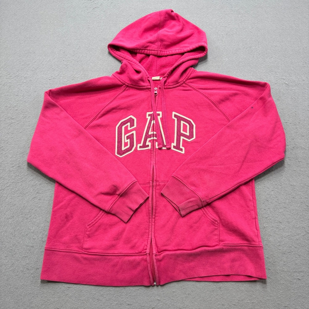 GAP Hoodie Women's XL Pink Fleece Lined Zip Up Logo Applique Sweatshirt Athletic